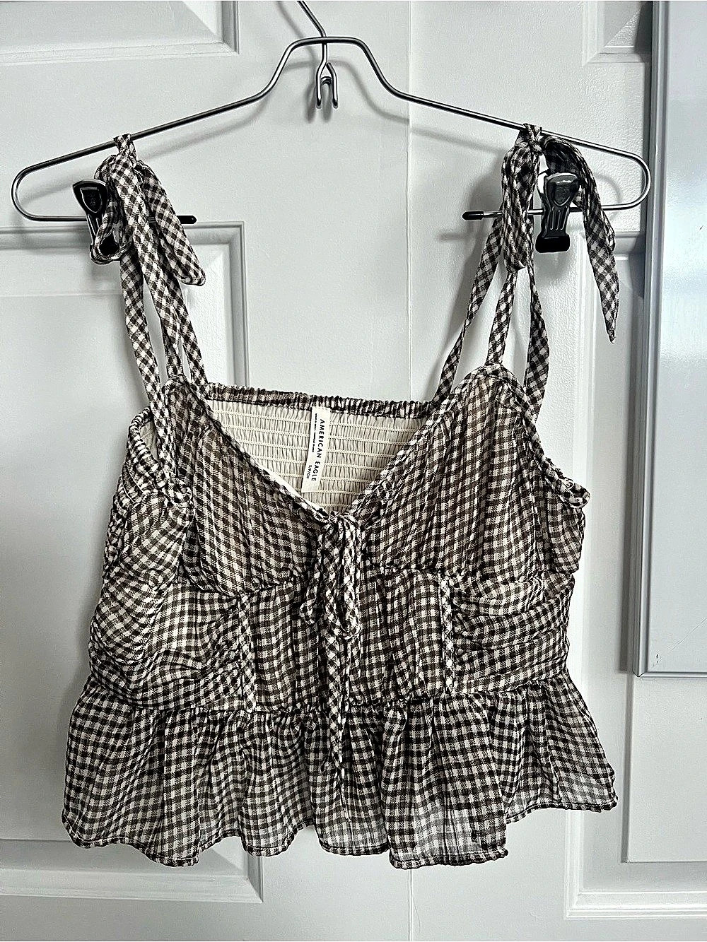 American Eagle Gingham Tie Strap Crop Top Brown & White Small